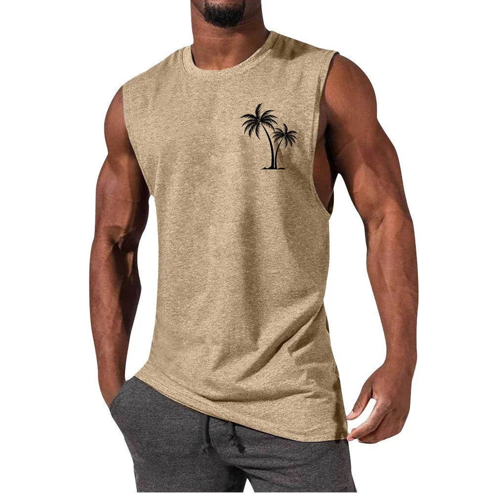 Tropical coconut tree print workout tank top for men, made with breathable, moisture-wicking fabrics for an active lifestyle.