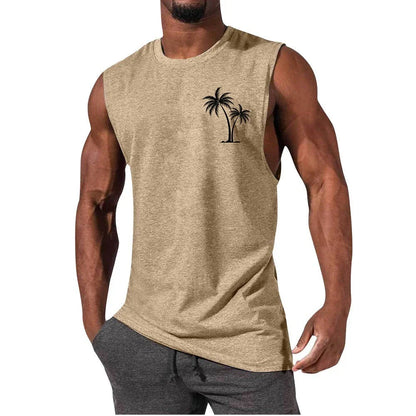 Tropical coconut tree print workout tank top for men, made with breathable, moisture-wicking fabrics for an active lifestyle.