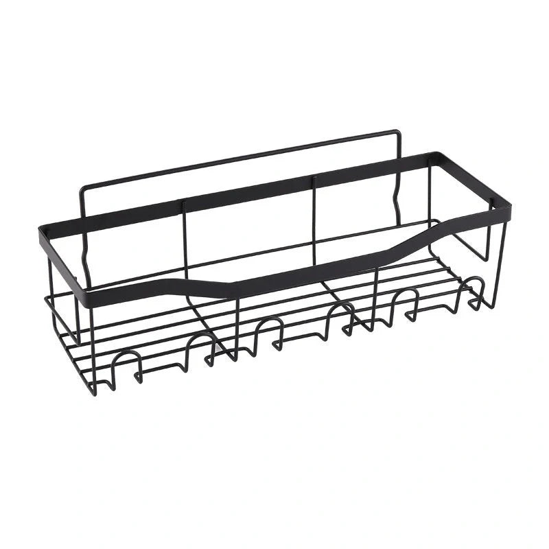 Sleek no-drill bathroom organiser rack set in carbon steel, perfect for clutter-free storage