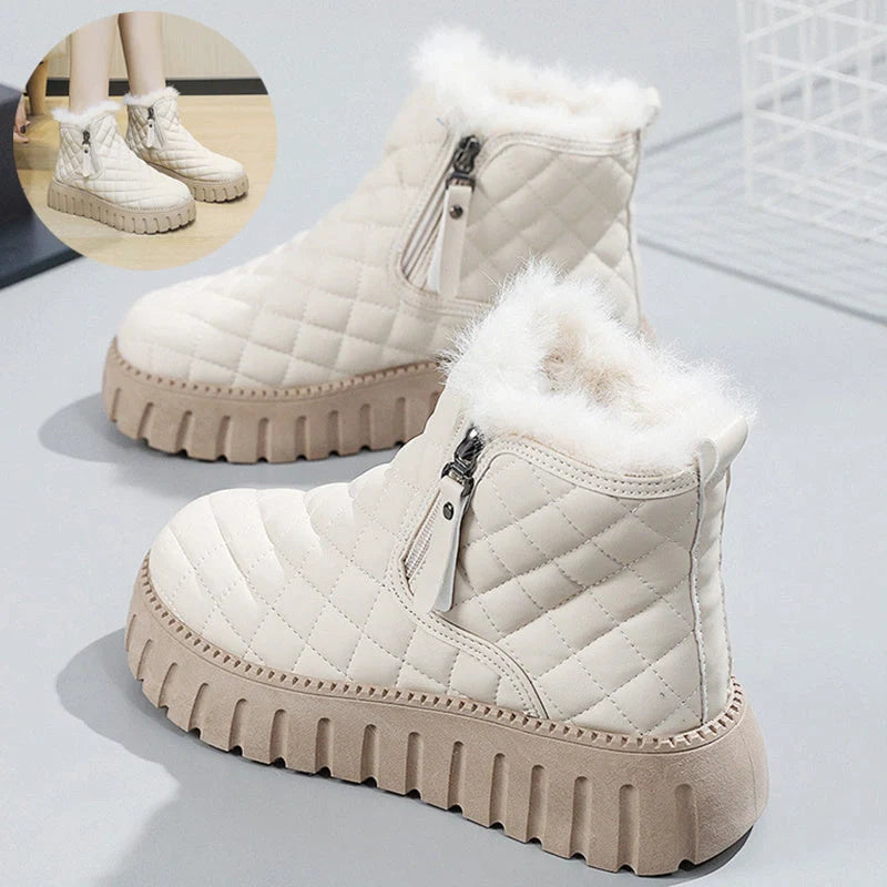 Women's plaid pattern platform ankle boots with side zipper and plush lining