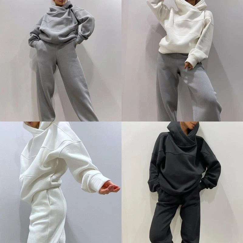 Urban casual sweater fleece top and pencil pants suit in classic colours