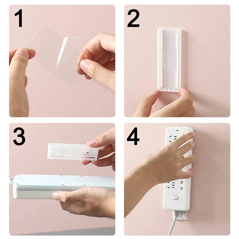 Self-adhesive wall hook in green, blue, white, and pink for cable organisation