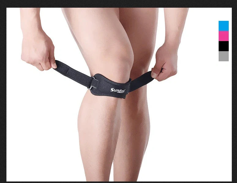 Adjustable Patella Brace in black, white, blue, and pink for knee support and injury prevention