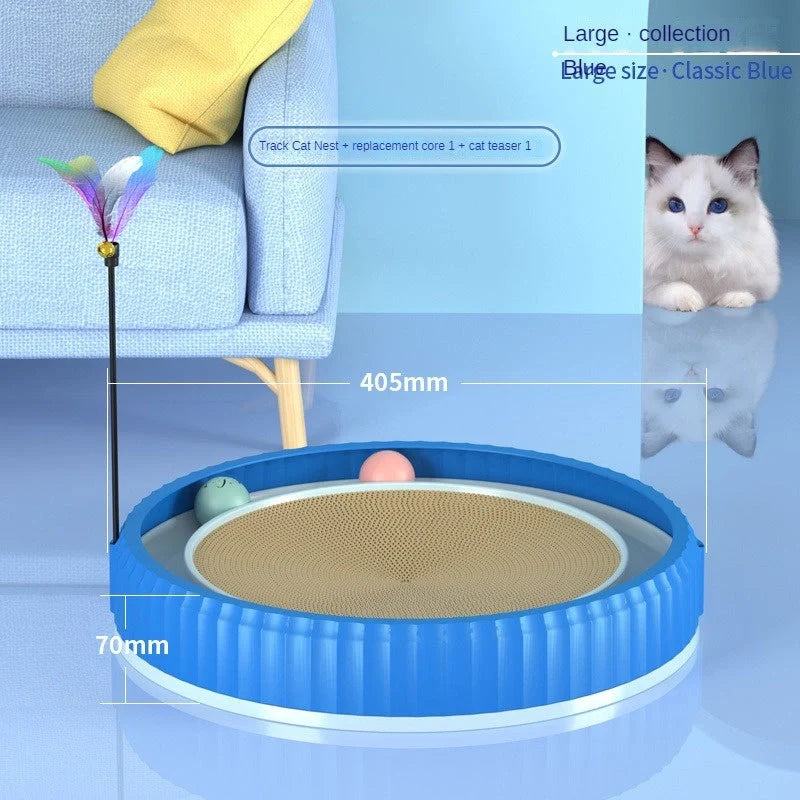Round cat scratching board with toy ball, protects furniture from scratches