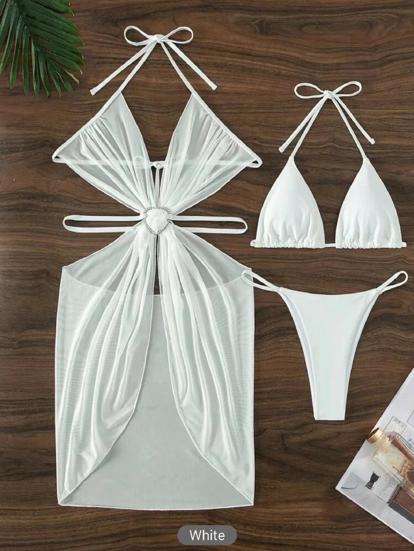 Women's 3-piece halter neck bikini set in solid colours for beach and summer