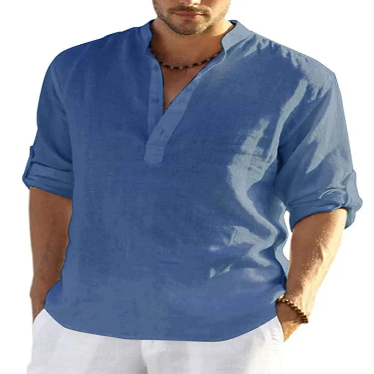 A stylish linen-blend men's casual shirt with a stand collar, button-down closure, and slim tailored fit