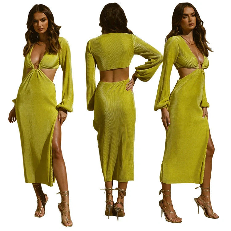 Stylish pressed pleated dresses in vibrant yellow, classic black, and chic dark pink colours for glamorous autumn fashion