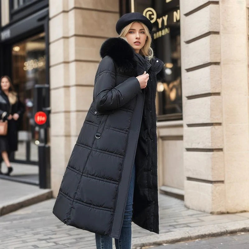 Stylish women's winter coat with fur hood and belt in various colours