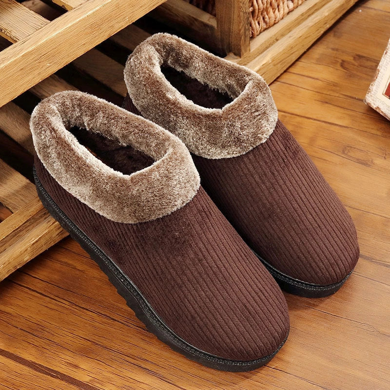 Men's winter casual cotton boots with thickened sole for home warmth, available in blue and coffee colours