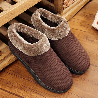 Men's winter casual cotton boots with thickened sole for home warmth, available in blue and coffee colours