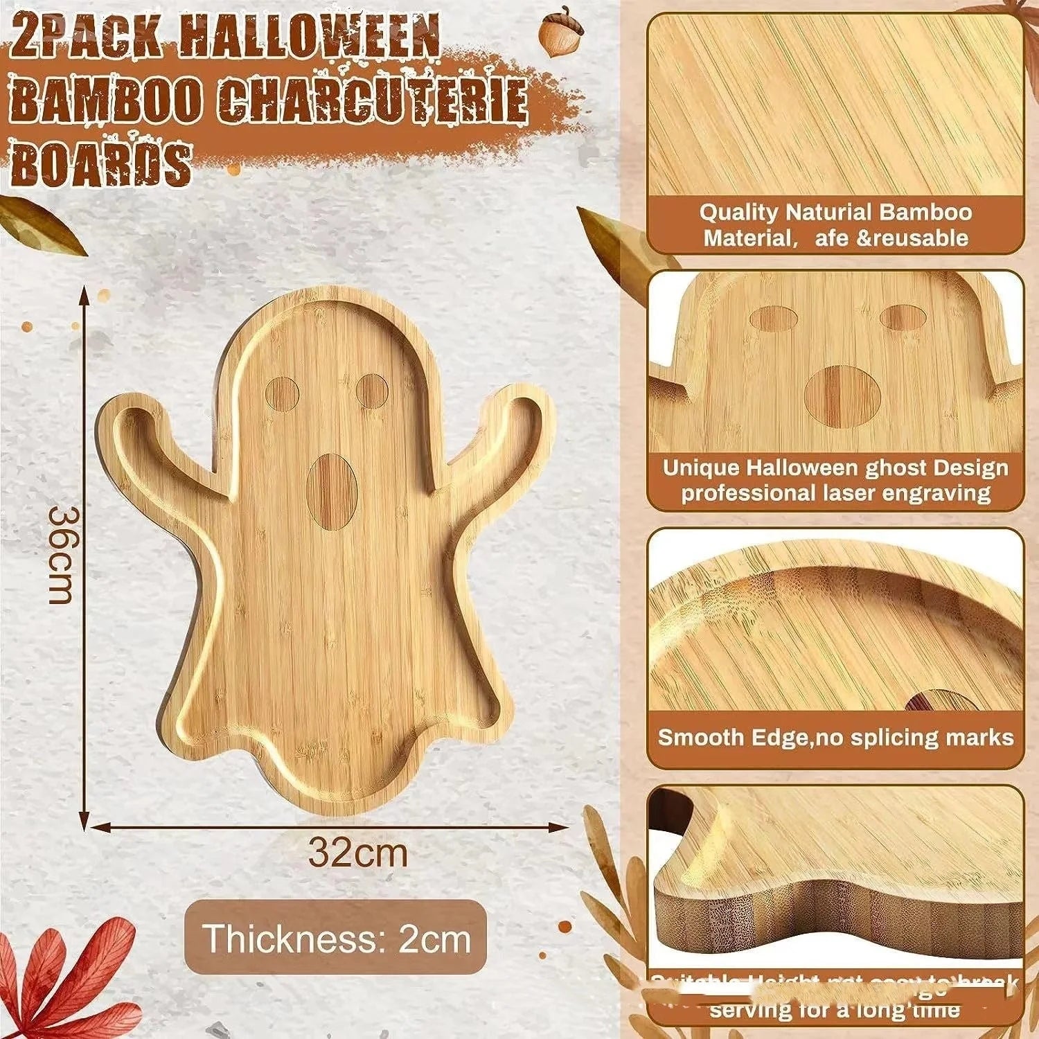 Halloween bamboo cheese platter with ghost design, perfect for parties and gatherings.