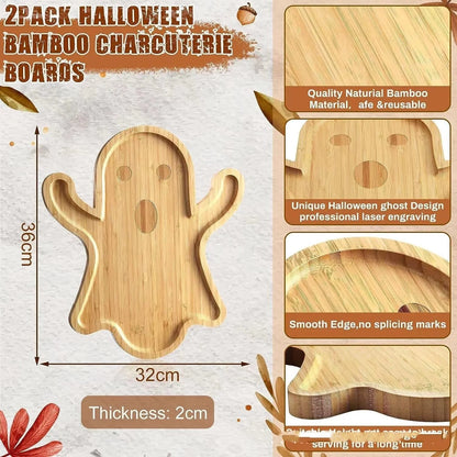 Halloween bamboo cheese platter with ghost design, perfect for parties and gatherings.