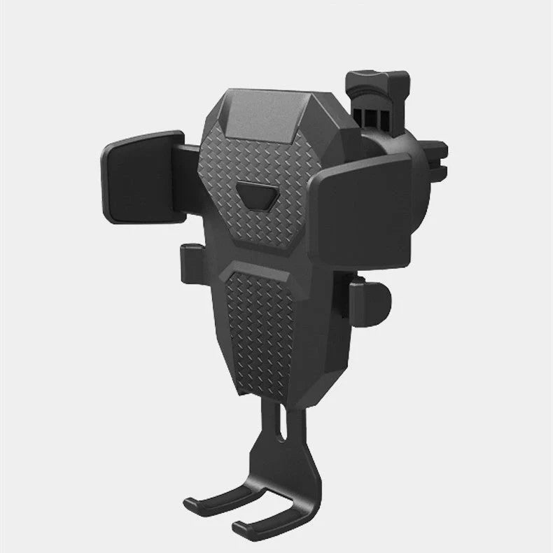 Universal car phone holder attached to air conditioning outlet, holding smartphone securely