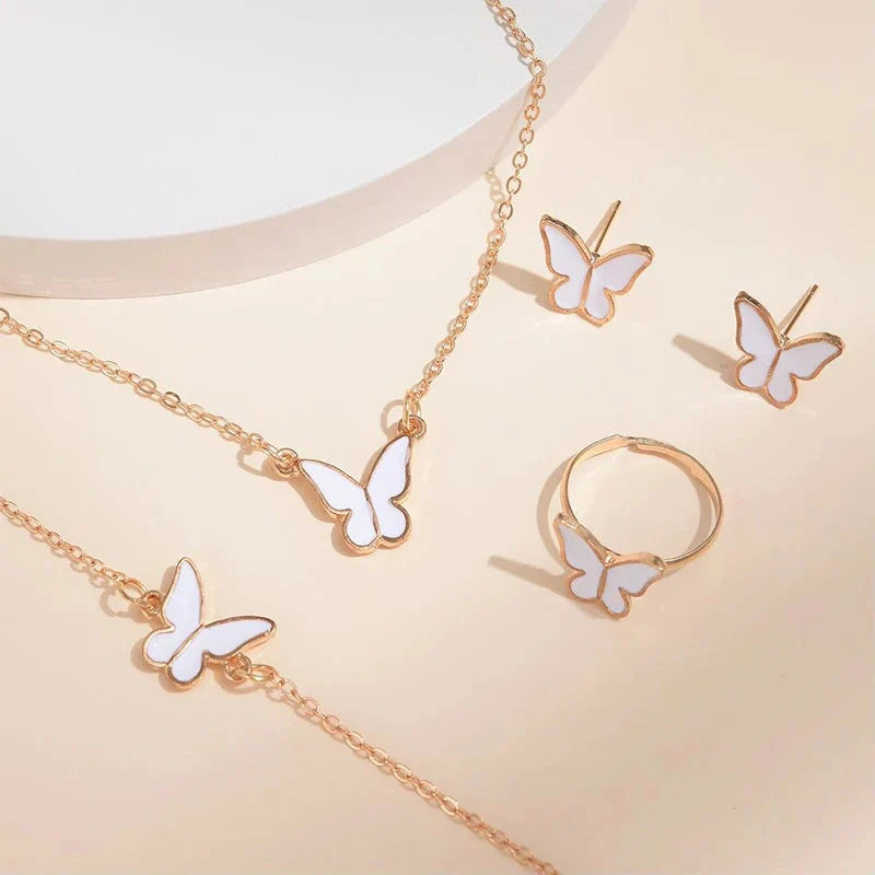 5PCS Fashion Butterfly Pendants Necklace Earrings Ring Bracelet Sets For Women