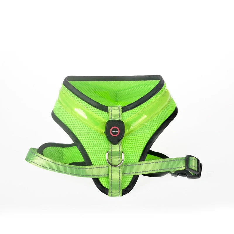 USB charging LED dog harness in blue, red, or green with reflective safety features