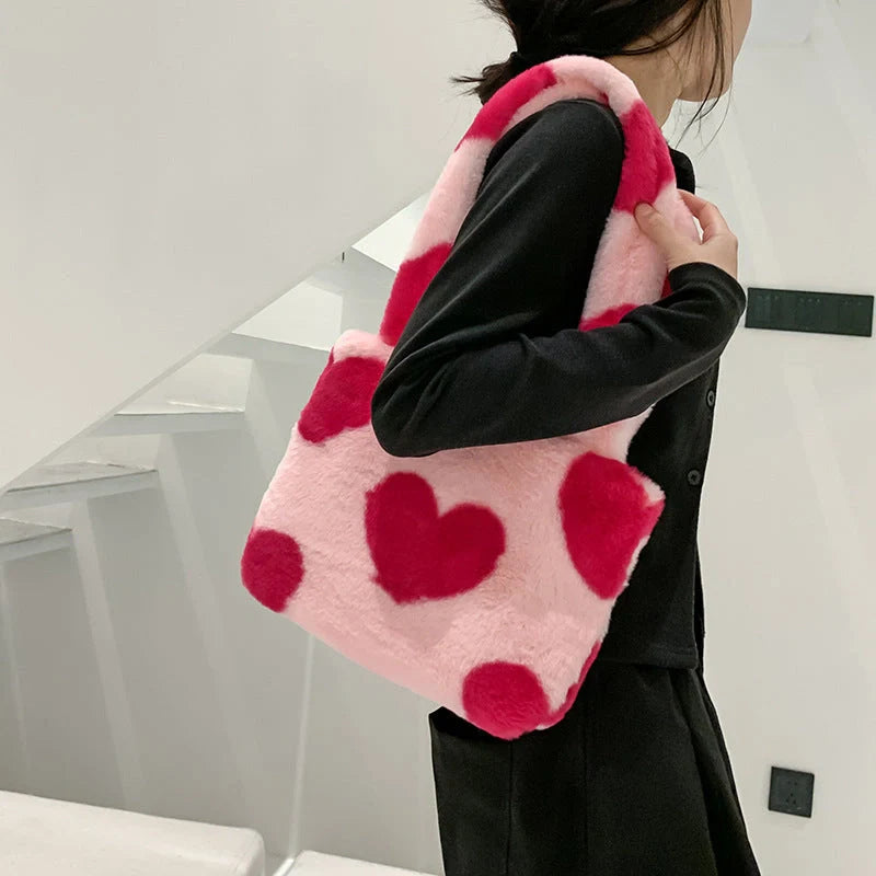 Women's Fashion Love Heart Furry Fluffy Underarm Bag in various colours