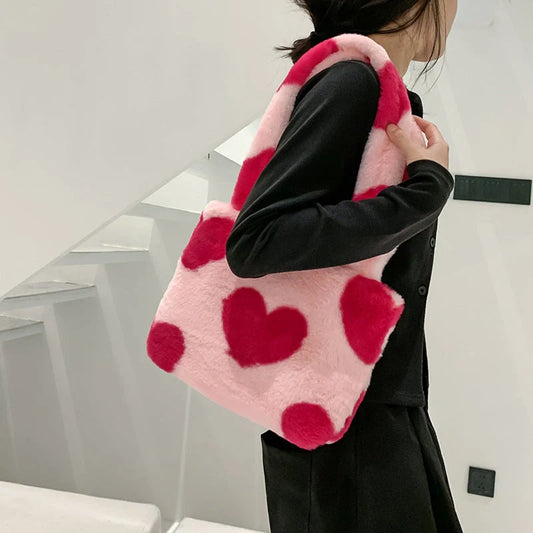 Women's Fashion Love Heart Furry Fluffy Underarm Bag in various colours