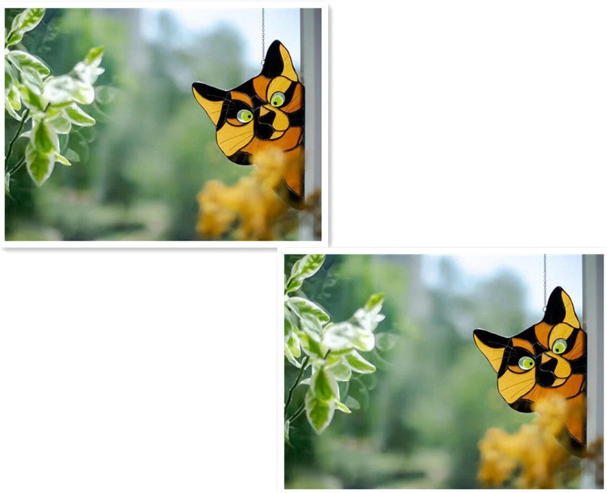 Colourful stained glass cat window hanger decoration, reusable PVC sticker
