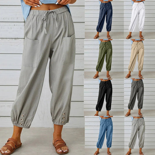 Women's cotton and linen drawstring tie pants with pockets, available in multiple colours and sizes.