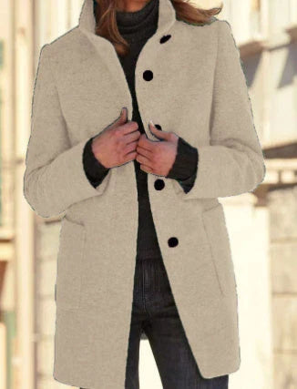 Fashionable wool coat with stand collar and pockets for women's fall/winter outerwear