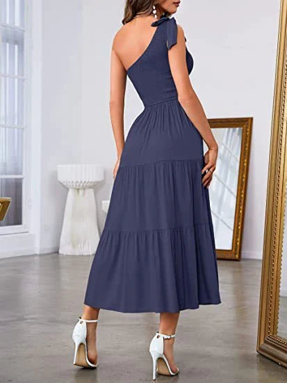 Stylish one-shoulder dress with pleated details, asymmetrical hemline, and leg-baring side slit in various colors