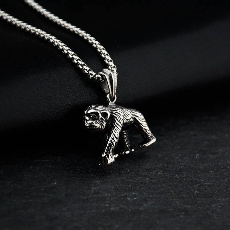 Geometric titanium steel pendant necklace with gibbon monkey design
