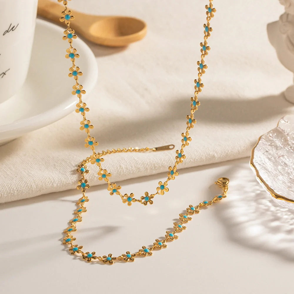 Elegant pastoral oil-spot glaze flower necklace and bracelet set in stainless steel