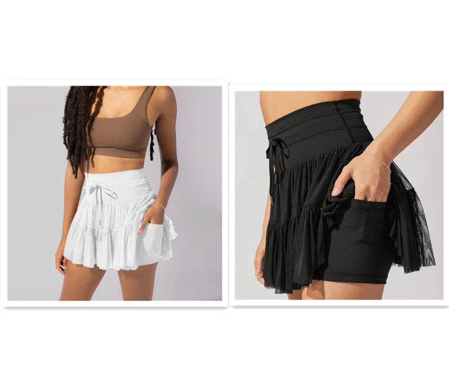 A stylish high-waist lace-up sports skirt with built-in safety shorts in a variety of vibrant colors.