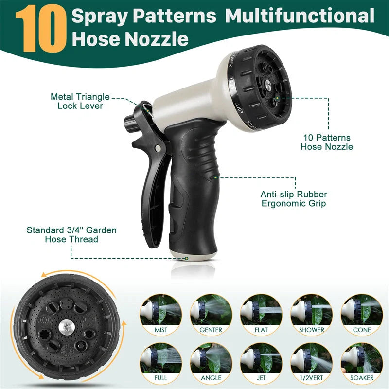 Stainless steel metal garden hose with adjustable spray nozzle, durable and kink-free for easy gardening