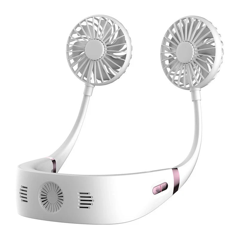 Adjustable hanging neck fan in black, pink, and white with USB charging