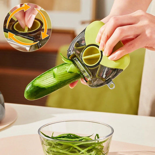 3-in-1 Stainless Steel Peeler Shredder in green and grey with ergonomic handle