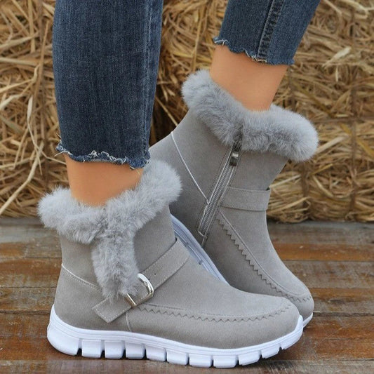 Cozy plush ankle boots in various colors with buckle detail and soft artificial fur lining