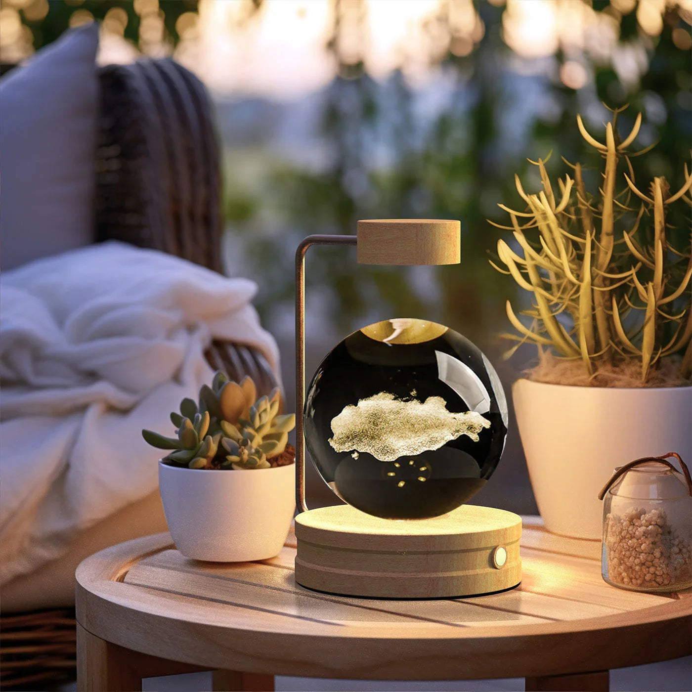 Enchanting crystal ball night light with cosmic designs, creating a warm and soothing ambiance in any room.
