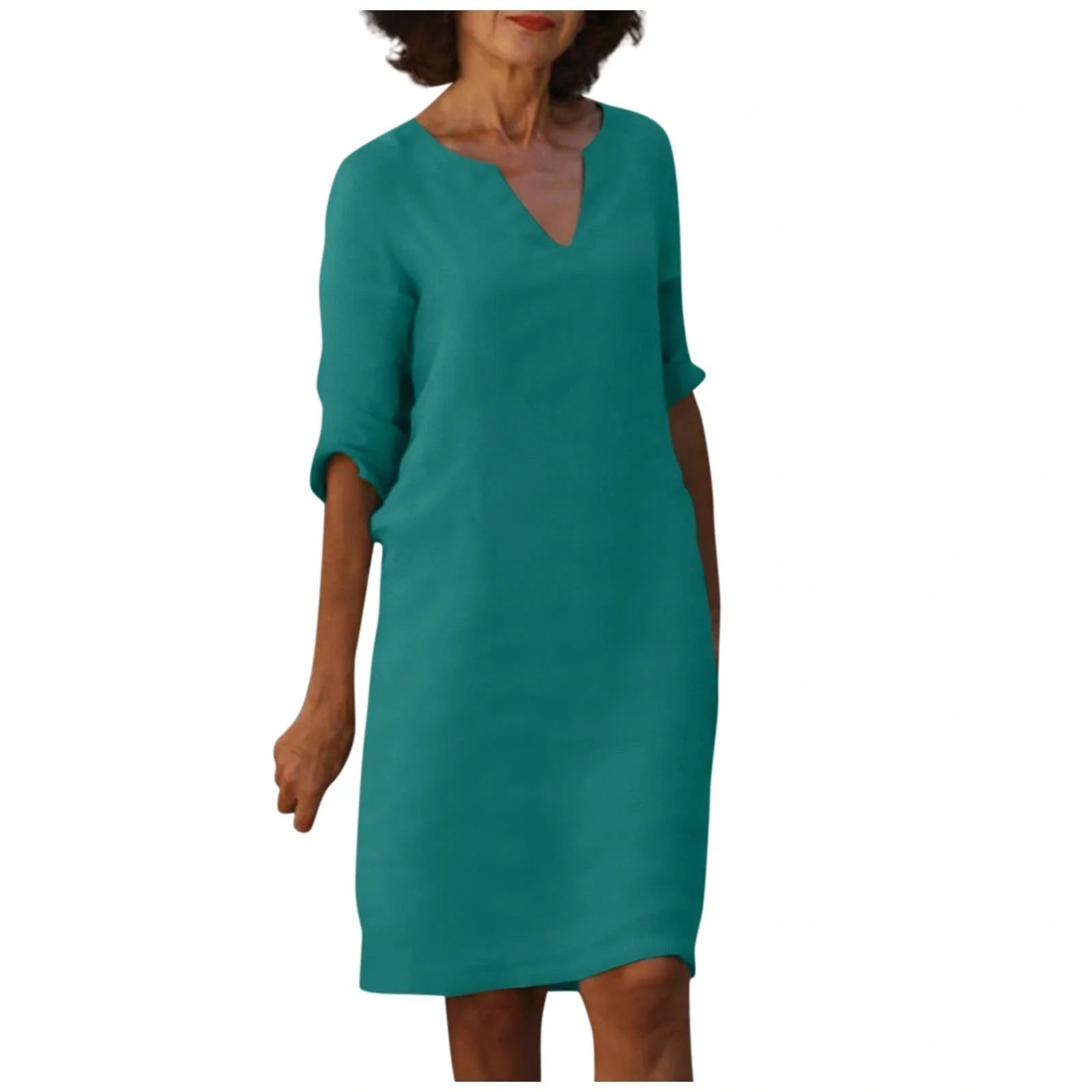 Retro high waist cotton-linen V-neck dress in various colours