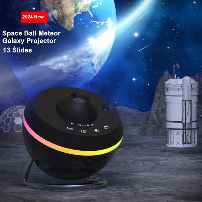 A dynamic galaxy projector that transforms any space into a captivating celestial display with 13 stunning film effects, motorized rotation, and adjustable color modes.