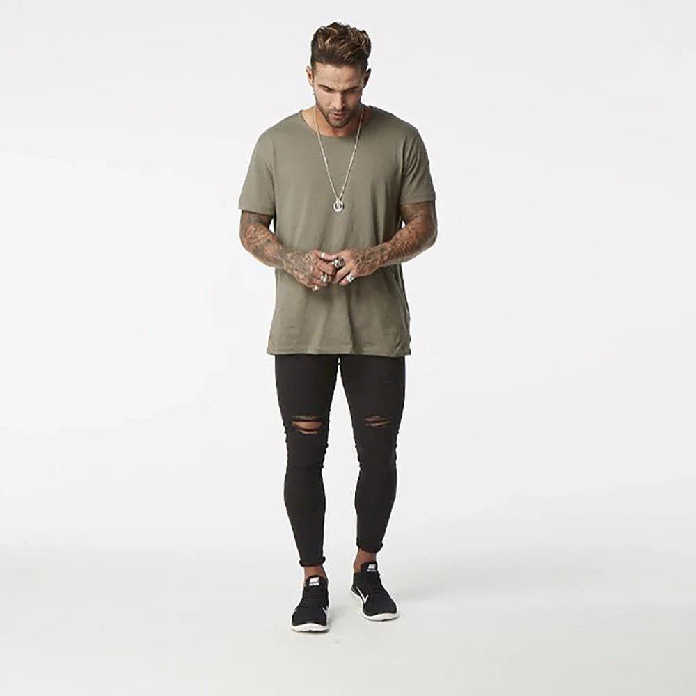 Premium cotton summer distressed skinny jeans for men with a slim, stretchy fit and an edgy, washed-out finish
