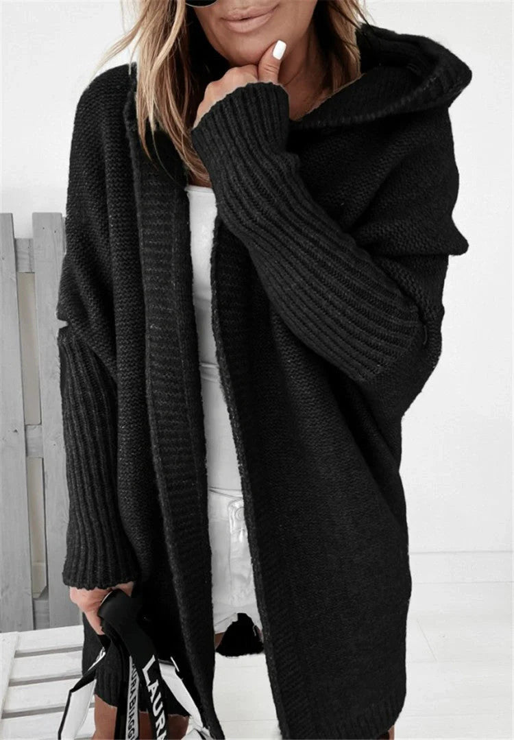 Women's bat sleeve hooded cardigan in sheep wool blend, available in multiple colours