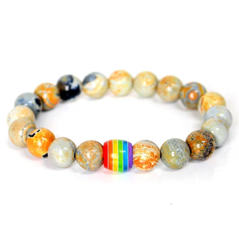 Pride Rainbow Bead Bracelet featuring natural stones in vibrant colours, perfect for unisex wear.