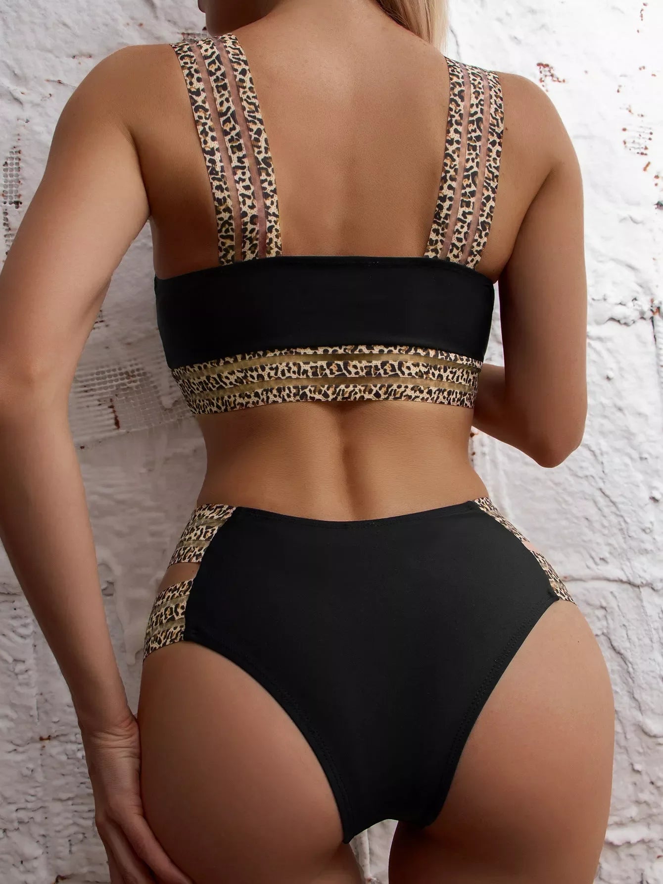 Women's black leopard ribbon bikini swimwear with steel-supported chest pads