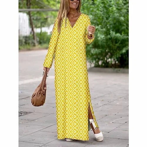Stylish women's geometric print V-neck long dress in various colours