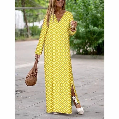 Stylish women's geometric print V-neck long dress in various colours