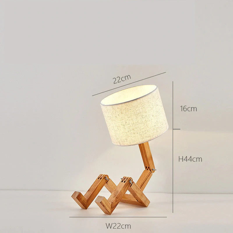 Robot-shaped LED table lamp with wooden base and linen shade for modern Nordic decor