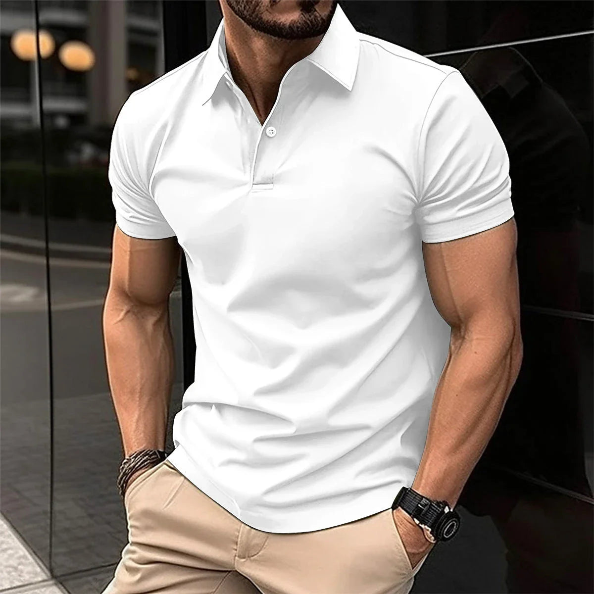 Premium Short Sleeve Polo Shirt for Men in Solid Color with Button Lapel Design