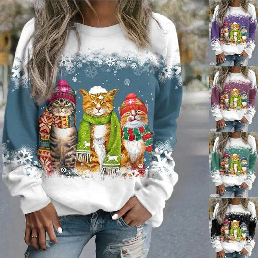 Women's Christmas Snowman and Cat Printed Long Sleeve T-shirt in various colours