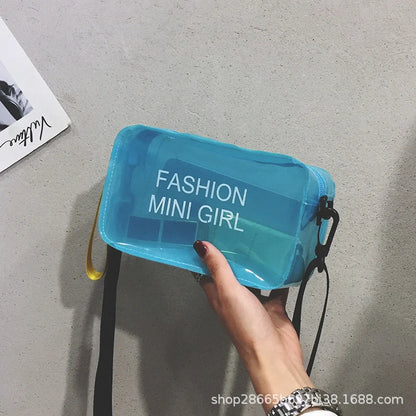Transparent square fashion shoulder bag with adjustable strap and internal phone compartment