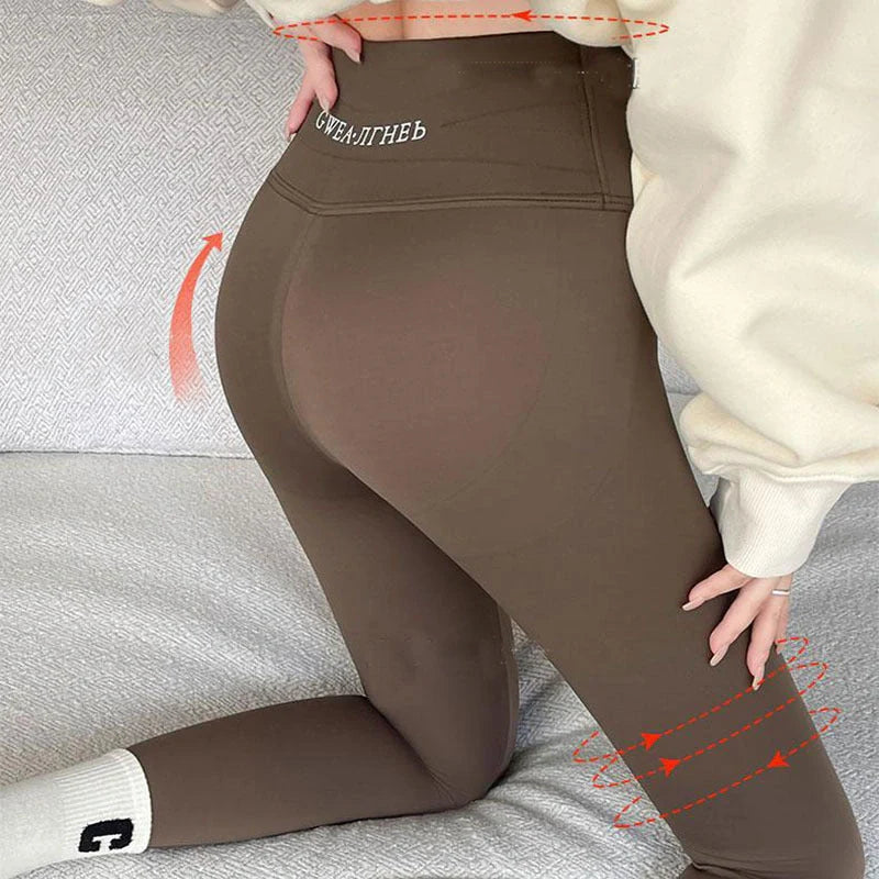 Winter fleece leggings with high waist and tummy control in black, grey, and brown