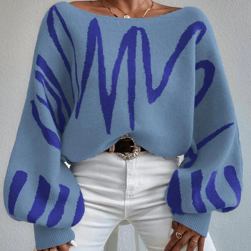 Women's lantern-sleeved pullover sweater with printed design in various colours
