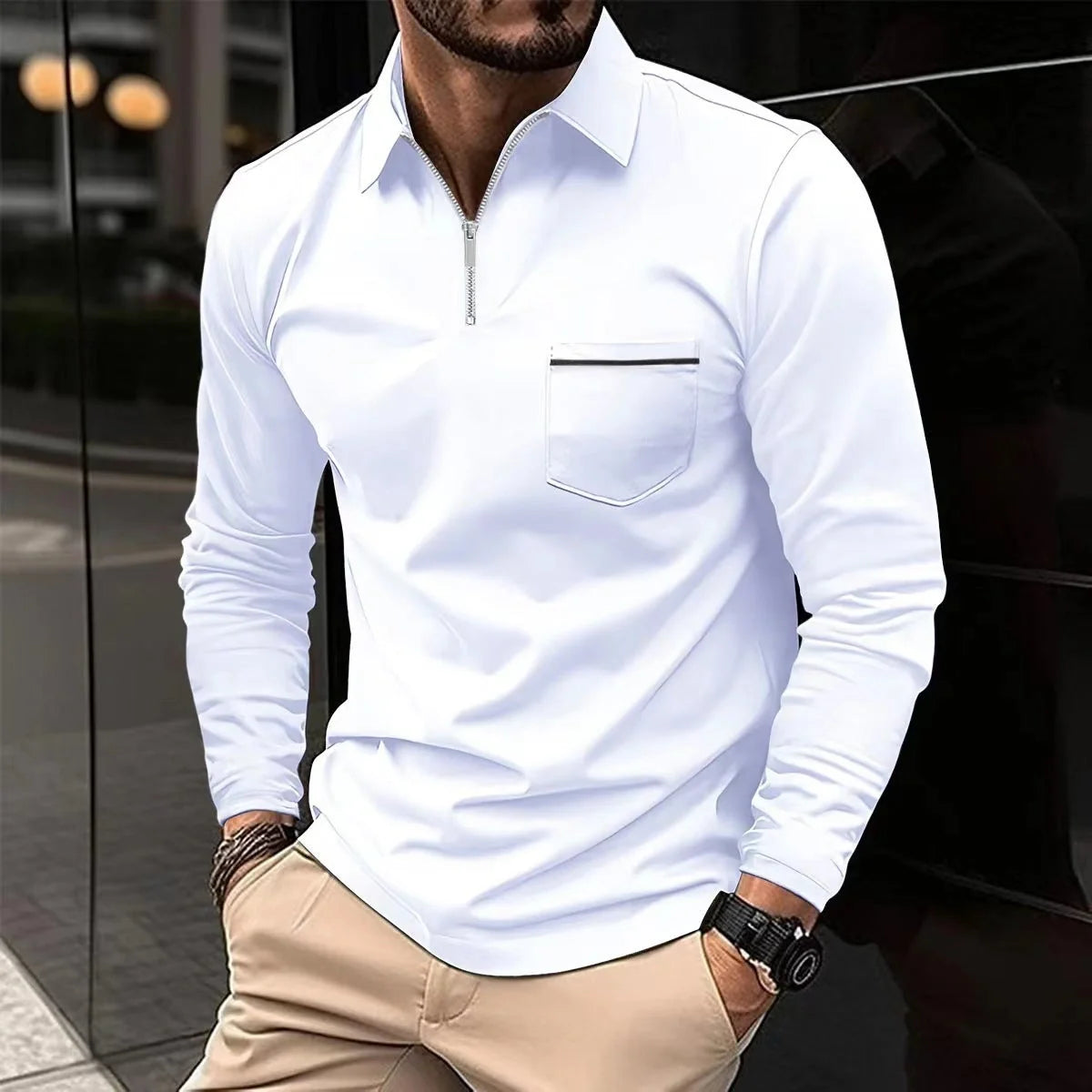 Men's long-sleeved sports polo shirt in various colours for athletic and casual wear