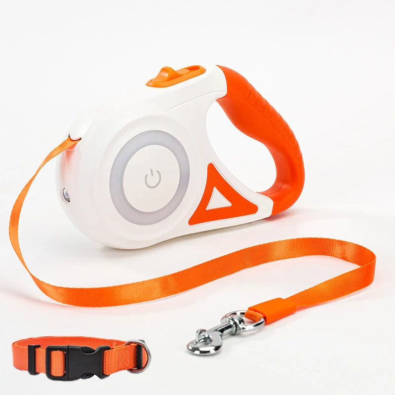 Retractable dog leash with automatic brake system in dream purple, sunshine orange, and mint green