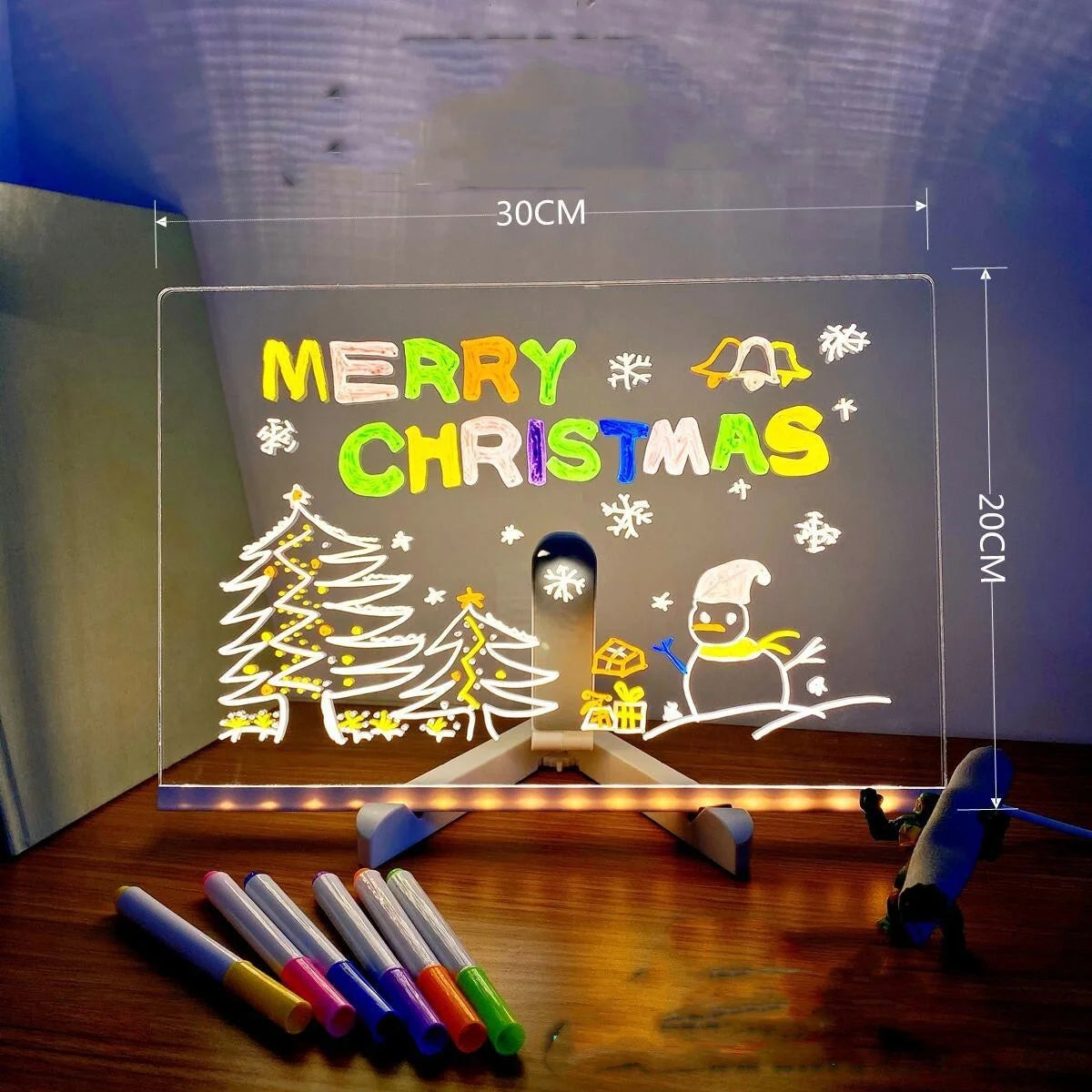 Acrylic DIY Note Board LED Night Light with 7 pens on a desk